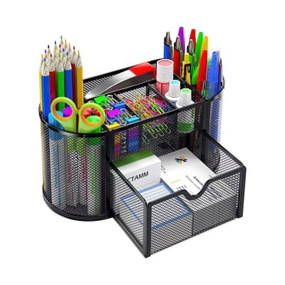 Picture of "Black Metal Mesh Desk Organizer - Multi-Functional Pen Holder, Fireproof, Durable, High-Temperature Resistant, 10.5 x 11 x 22 cm, Coated Finish, Ideal for Office & Student Desks, 1 Piece"-Black