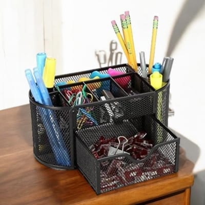 Picture of "Durable Black Metal Mesh Desk Organizer - Multi-Functional Pen Holder, Fireproof, High-Temperature Resistant, 10.5 x 11 x 22 cm, Coated Finish, Ideal for Office & School, 1 Piece"-Black