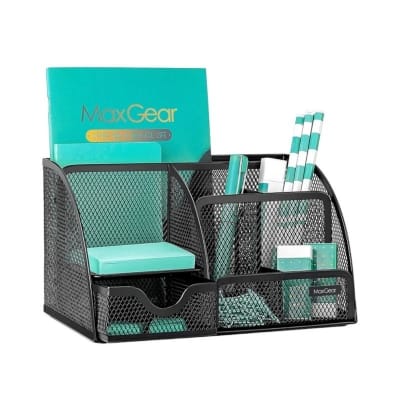 Picture of "Black Metal Mesh Pen Holder - Fireproof Desk Organizer for Office & Study, Durable & High-Temperature Resistant, 14D x 12.7W x 22.1H cm, Coated Finish, 1 Piece"-Black