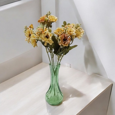 Picture of "Silk Daisy Bride Bouquet with 18 Heads, Glass Vase, 18 Multicolor Sunflowers, 48x20 cm (Height x Width) with Vase, Perfect for Christmas, Wedding, and Home Decor, Made from Durable Fabric and Plastic."-Multicolor
