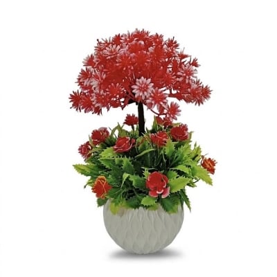 Picture of 2 layer Flower Bonsai Artificial Grass Plants with Pot for Home Decor Decorative Office Indoor Decor Red-White-Red