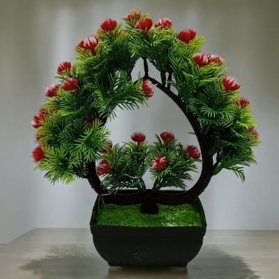 Picture of Heart Shape Design Green Artificial Bonsai Tree with Mini Multi-Color Flowers and Plastic Vases, 11 Inch Long, for Office Table Decoration, Gram Beauty Flower-Multicolor
