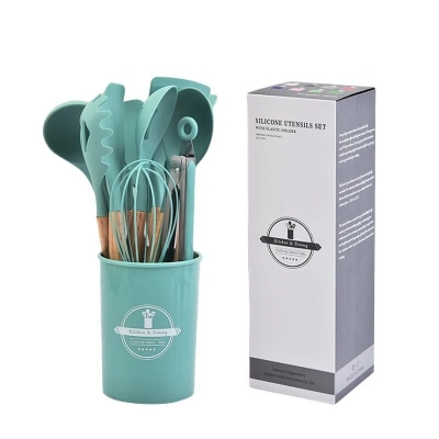 Picture of "Complete 12-Piece Multicolor Silicone Utensils Set – Wooden Handles, Non-Stick Spatula, Shovel, Spoon – Ideal for Cooking and Serving – Includes PP Handle and Storage Bucket"-Blue