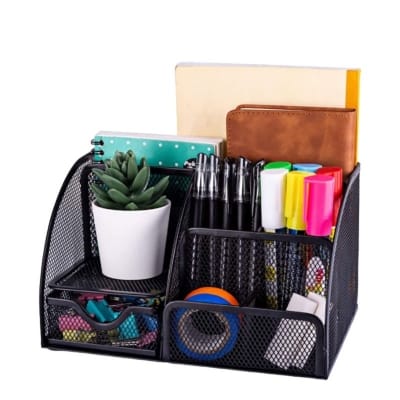 Picture of "Black Metal Desk Organizer - Fireproof Pen Holder, Durable & High-Temperature Resistant, Coated Finish, 14D x 12.7W x 22.1H cm, 1 Piece"-Black