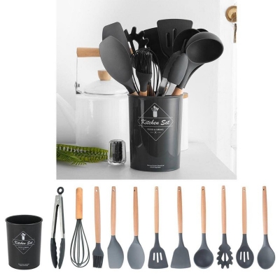 Picture of Kitchen Utensil Set 12 Piece Kitchen Utensil Set Nonstick Silicone & Wooden Utensils, Bpafree, Nontoxic Spatula, Tongs, Spatula, Spoon Set-Black