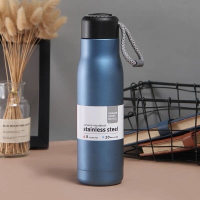 Picture of 1 pcs Blue 600ml Outdoor Sports Riding Cup Vacuum Water Bottle, 304 Tumbler with Lifting Rope-Blue