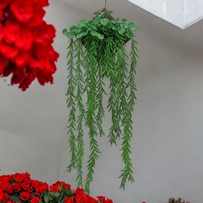 Picture of Artificial Wall Hanging: 90cm Green Leaves + 3 Rubber Peperomia Trees with Triangle Bamboo Holder-Multicolor