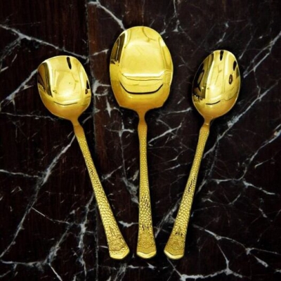 Picture of 12 Inch Stainless Steel Spoon Set - 3-Piece: Mirror Polish, Non-Magnetic, Golden Design, Includes Big Rice Spoon, Curry Serving Spoon, and Flat Turner Spoon-Gold