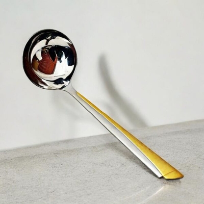 Picture of Big Rice Spoon - 9.2 Inch, Stainless Steel, Mirror Polish, Non-Magnetic, Silver with Golden Design, Ideal for Cooking and Serving, Durable and Elegant, Perfect for Home and Professional Kitchens, Single Piece-Silver