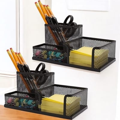 Picture of "2-Piece Black Metal Desk Organizer Set - Multifunctional 3-Grid Pen Holder & File Storage Rack, Durable, Fireproof & High-Temperature Resistant, Coated Finish, 20.4 x 10.4 x 9.7 cm, Ideal for Office & Student Desks"-Black