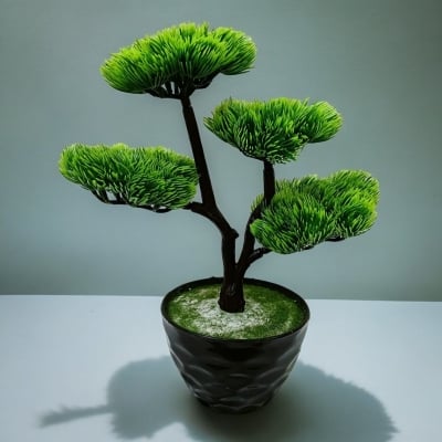 Picture of 4 Heads Green Artificial Bonsai Tree with Plastic Vases, 15 Inch Long, for Office Table Decoration, Gram Beauty Flower-Multicolor