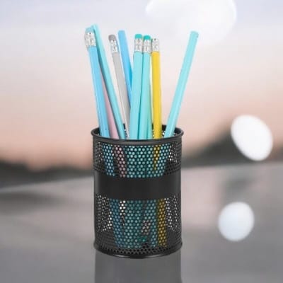 Picture of "Round Black Metal Mesh Desk Organizer - Multifunctional Pen Holder, Durable, Fireproof, High-Temperature Resistant, Coated Finish, 9.5 x 8.5 cm, Perfect for Office & Student Desks, 1 Piece"-Black