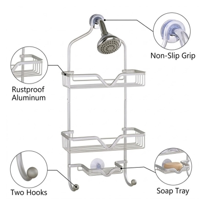Picture of Bath Shower Caddy, Detachable Shower Caddy, 3-Tier Aluminum Extra Wide Space with Soap Tray and 2-Hooks for Shampoo, Conditioner, Razors, Towels, Silver-Silver