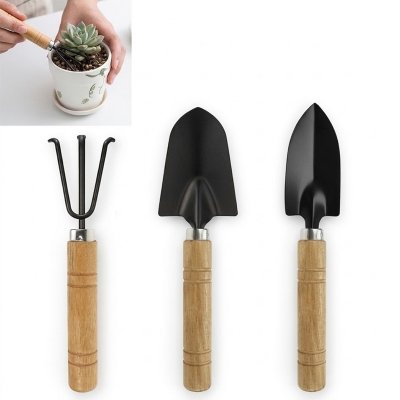 Picture of 3 Piece Gardening Tool Set Mini Wood Handle Shovel Trowel Gardening Tools for Flowers Succulent Tranplanting (Small) - Gardening Tools-Brown