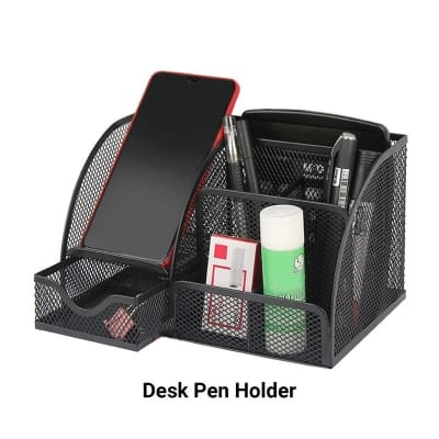 Picture of Desk Pen Holder, Multifunctional Sturdy Durable Classic Style Dorm Small Desk Organizer for Office Desk-Black