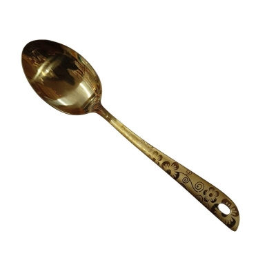 Picture of Elegant Golden Stainless Steel 10 Inch Serving Spoon, Mirror Polish Finish. Ideal for Cooking and Serving, with a Laser-Printed Handle for Enhanced Grip.-Gold