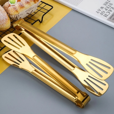 Picture of Stainless Steel Shell Hollow Food Tongs Non-Stick Barbecue Steak Clip Long Handle Buffet Tweezers Utensils for Home Kitchen golden color-Gold