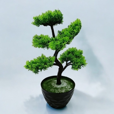 Picture of 5 Heads Green Artificial Bonsai Tree in Plastic Vases - Office Table Decoration with Gram Beauty Flower-Multicolor