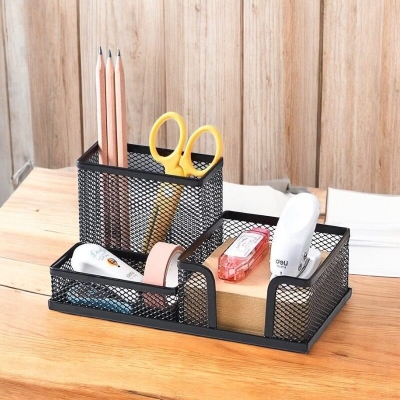 Picture of "Multifunctional Black Metal Desk Organizer - Creative 3-Grid Rack, Fireproof Pen Holder, High-Temperature Resistant, Coated Finish, 20.4 x 10.4 x 9.7 cm, Ideal for Office & Student Desks, 1 Piece"-Black