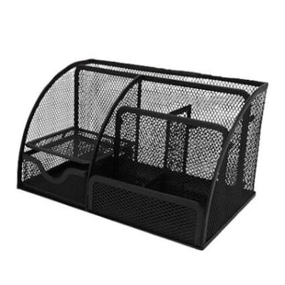 Picture of "Desktop Pen Holder - Office Storage Box with Multiple Compartments, Metal Mesh Square Divided Container"-Black