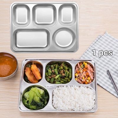 Picture of 1 pcs stainless steel rectangular shape dinner plate sub-grid children's dinner plate home separated lunch box without lid-Silver