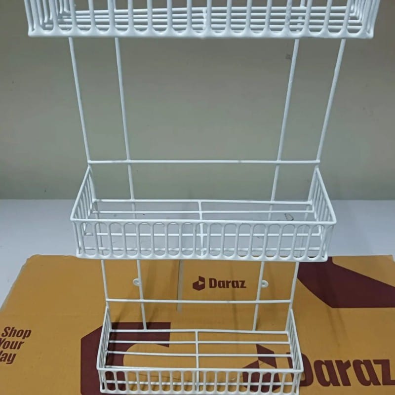Picture of "Square 3-Layer Kitchen Rack – Durable Iron, White Wall Hanging Design, Easy Installation, Space Saving – 1 Pc"-White