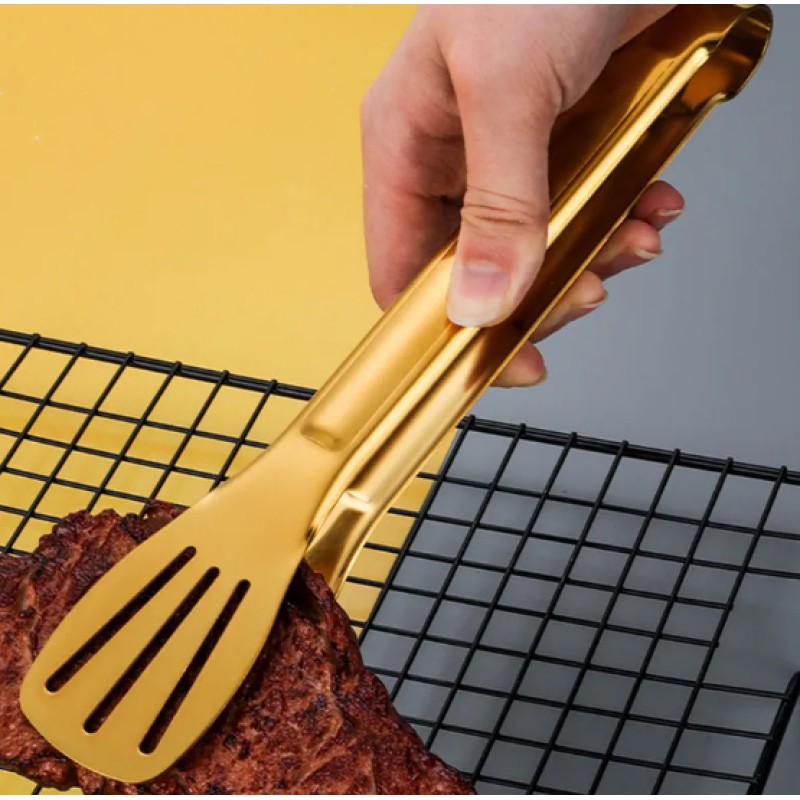 Picture of Stainless Steel Shell Hollow Food Tongs Non-Stick Barbecue Steak Clip Long Handle Buffet Tweezers Utensils for Home Kitchen golden color-Gold