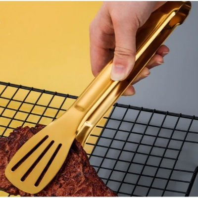 Picture of Stainless Steel Shell Hollow Food Tongs Non-Stick Barbecue Steak Clip Long Handle Buffet Tweezers Utensils for Home Kitchen golden color-Gold
