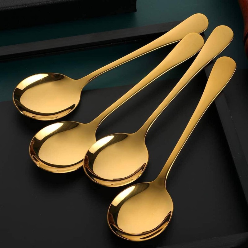 Picture of Gold Soup Spoon of 6, Berglander 7.5" Stainless Steel Titanium Plating Shiny Golden Round Spoons Silverware, Gold Table Spoon Table Spoon Set Sturdy Easy to Clean, Dishwasher Safe-Gold