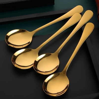 Picture of Gold Soup Spoon of 6, Berglander 7.5" Stainless Steel Titanium Plating Shiny Golden Round Spoons Silverware, Gold Table Spoon Table Spoon Set Sturdy Easy to Clean, Dishwasher Safe-Gold
