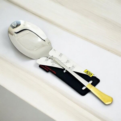 Picture of 12 Inch Rice Serving Spoon - Stainless Steel, Mirror Polish, Non-Magnetic, Silver with Golden Design, Ideal for Cooking and Serving, Single Piece-Silver