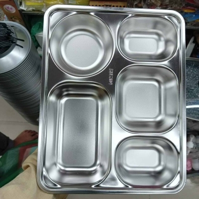 Picture of 1 pcs stainless steel rectangular shape dinner plate sub-grid children's dinner plate home separated lunch box without lid-Silver