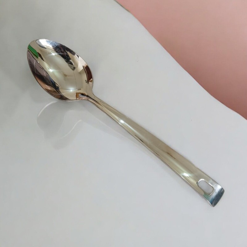 Picture of Stainless Steel Serving Spoon, 10 Inch, Silver Finish with Mirror Polish. Non-Magnetic, Perfect for Cooking and Serving in Any Kitchen.-Silver