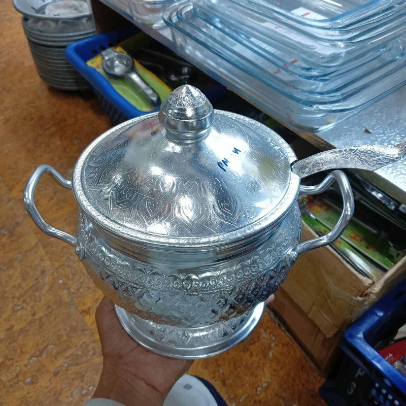 Picture of Rice Bowl & Ladle Spoon Thai Pattern Rice Container Aluminum Curry Serving-Silver