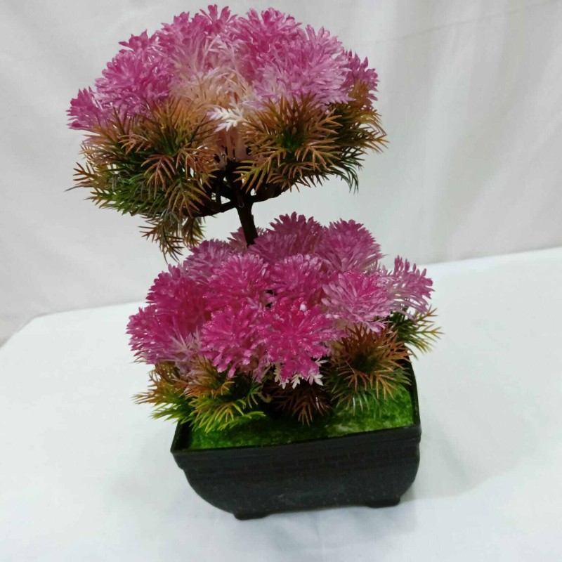 Picture of Pink Artificial Bonsai Tree with 2 Heads and Plastic Vases for Office Table Decoration, Gram Beauty Flower Included-Multicolor
