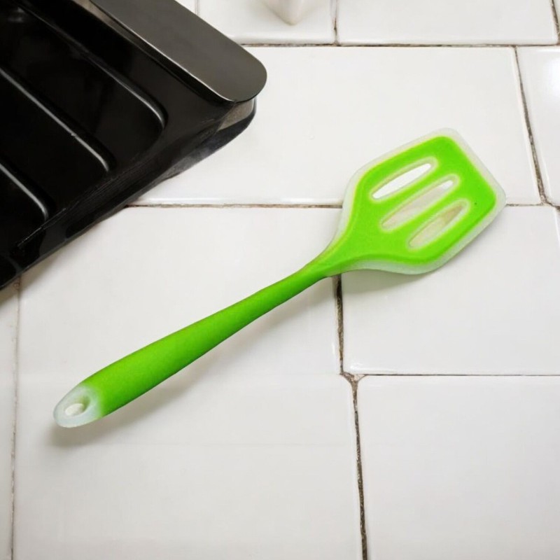 Picture of 12-Inch Silicone Cooking Spoon - Non-Stick Slotted Turner with Full Silicone Construction, High Heat Resistant, Multicolor - Ideal for Non-Stick Pots - 1 Piece-Green