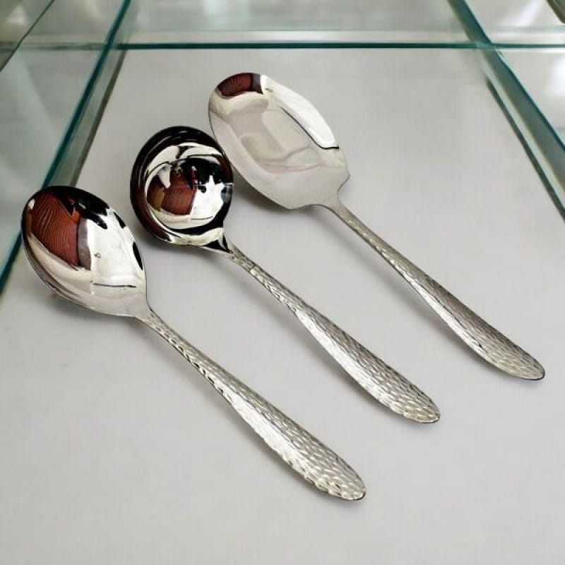 Picture of 3-Piece Stainless Steel Spoon Set - Includes Big Rice Spoon, Big Soup Spoon, and Rice Spoon, Mirror Polish, Non-Magnetic, Silver with Golden Design, Ideal for Cooking and Serving, Durable and Stylish-Silver