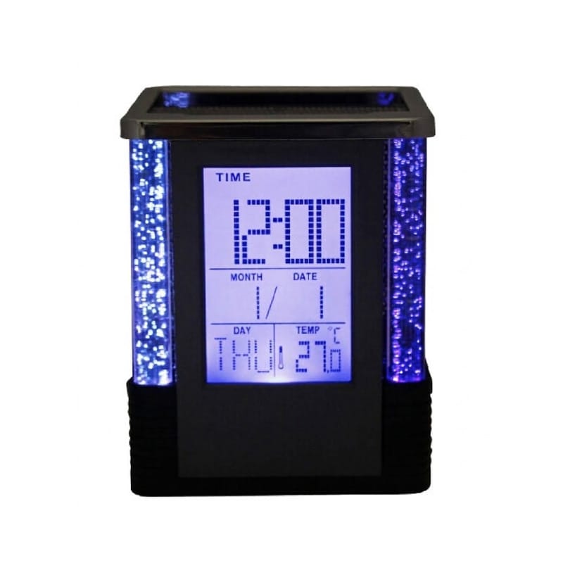 Picture of Square Gift Centre Pen Holder with Digital LCD Clock & Color-Changing LED Lights - Multifunctional Desk Organizer with Timer & Temperature Display, Durable Plastic, Black/Silver, Battery Powered, Ideal for Office/Student Desks, 1 Piece-Black