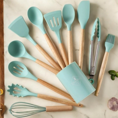Picture of "Multicolor Silicone Kitchen Utensils Set, 12-Piece – Wooden Handles – Non-Stick Spatula, Shovel, Spoon – Ideal for Cooking and Serving – With Storage Bucket and PP Handle"-Blue