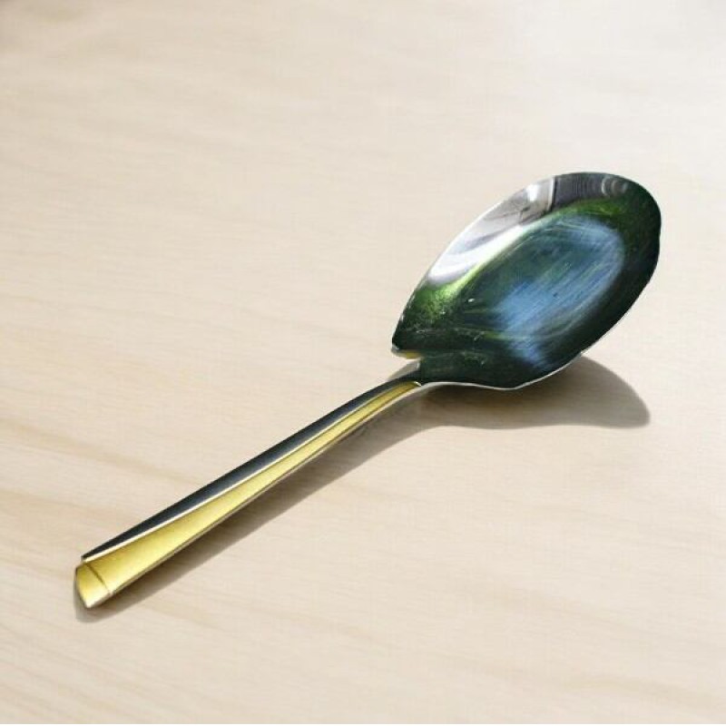 Picture of 11 Inch Silver Rice Serving Spoon - Stainless Steel with Mirror Polish and Elegant Golden Handle, Non-Magnetic Design for Easy Use-Silver