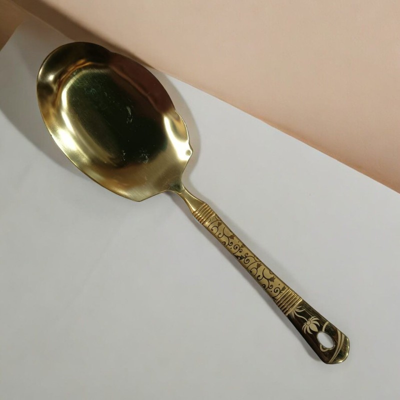 Picture of Golden 10-Inch Stainless Steel Flat Rice Spoon – Cooking & Serving – Mirror Polish, Laser-Printed Handle – 1 Piece-Gold