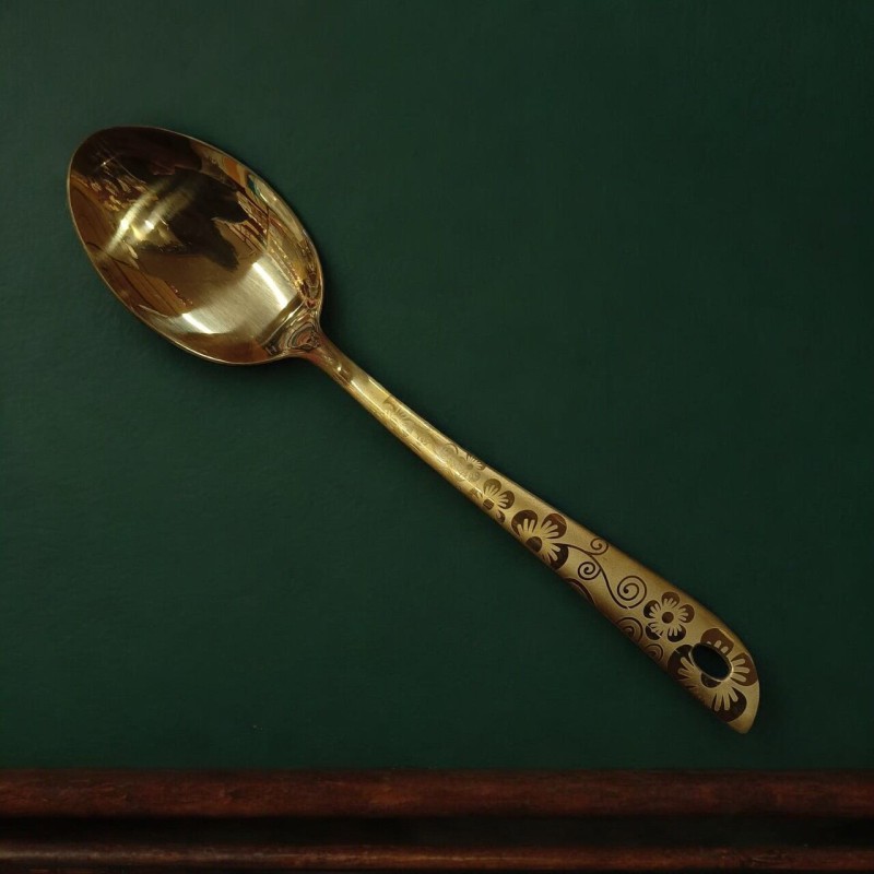 Picture of Elegant Golden Stainless Steel 10 Inch Serving Spoon, Mirror Polish Finish. Ideal for Cooking and Serving, with a Laser-Printed Handle for Enhanced Grip.-Gold