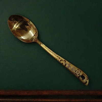 Picture of Elegant Golden Stainless Steel 10 Inch Serving Spoon, Mirror Polish Finish. Ideal for Cooking and Serving, with a Laser-Printed Handle for Enhanced Grip.-Gold