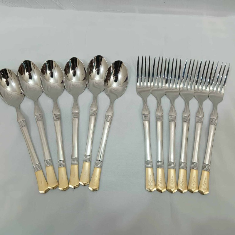 Picture of AYD premium golden design spoon 12 pcs stainless steel Tea spoon Magnet proof spoon mirror polish 15cm long spoon 6 pcs tea and 6 pcs fork spoon-Silver