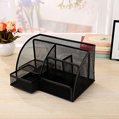 Picture of 7 Compartment Metal Mesh Desk Organizer with Drawer-Black