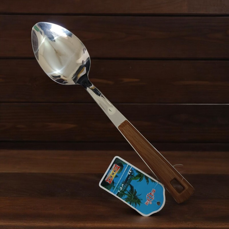 Picture of Silver 10-Inch Stainless Steel Long Rice Spoon – Wooden Color Plastic Cover Handle – Cooking & Serving – Mirror Polish, Non-Magnetic – 1 Piece-Silver