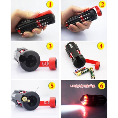 Picture of New Multi-functiona 8 in 1 Multi Screwdriver with 6 LED Torch Hand Repair Tools-Black