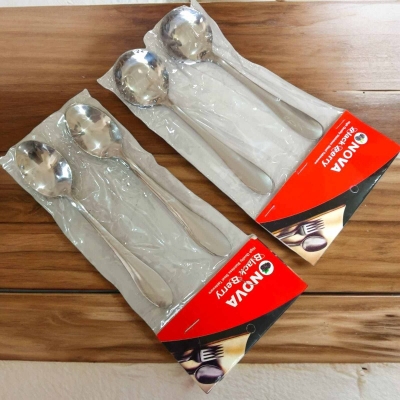 Picture of 12 pcs set Lightwaight 6 pcs Tea spoon and 6 pcs round sup spoon stainless steel spoon, silver color spoon for Tableware super cutlery 15cm long spoons set-Silver