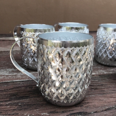 Picture of 1 pcs Vintage Style Thai Design Aluminum Water Cup with Handle Diamond Brand 9 cm Gift-Silver