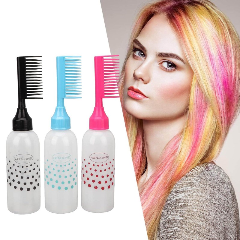 Picture of 3 pcs Root Comb Applicator Bottle,  Hair Oil Applicator Colorful Plastic Squeeze Bottle Applicator Brush, Hair Dye Bottle Brush with Graduated Scale, for Hair Dye Barber Salon-Multicolor